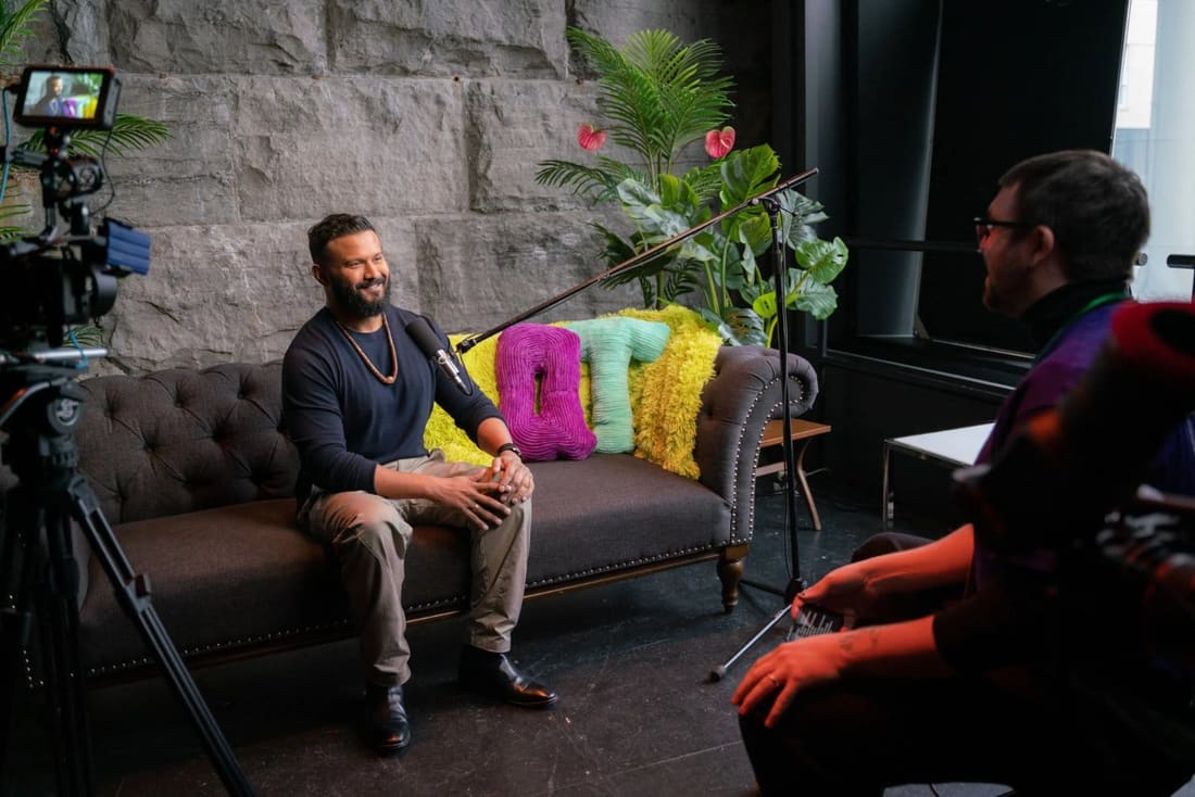 On set during a QT Podcast recording